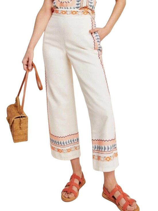 Anthropologie Pants - Anthropologie Embroidered Islander Boho Abstract Wide Leg White Crop Pants US 2